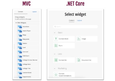 two lists indicating the visual difference between blue MVC widgets and green NET Core widgets