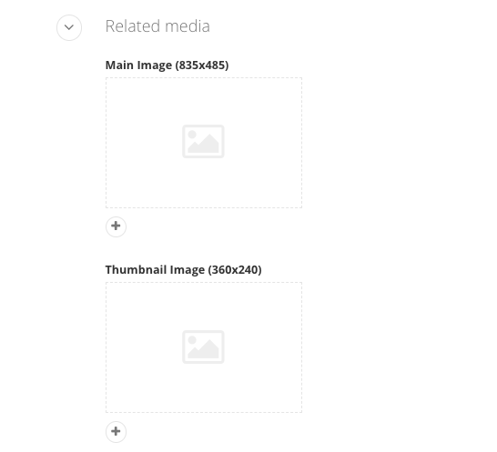 Events backend showing related media information like main image sizing 835x485 and thumbnail image sizing which is 360x240.