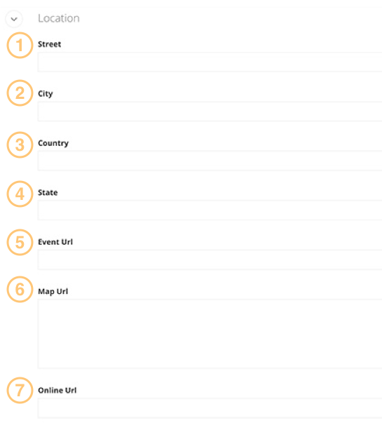 Screen grab of creating an event, and all of the fields under location such as street, city, country, state, event url, map url and online url. All are next to gold numbers 1-7 and each number is inside of a gold circle.