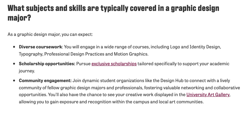 Example of bullet points and scannable text from our Graphic Design program page.