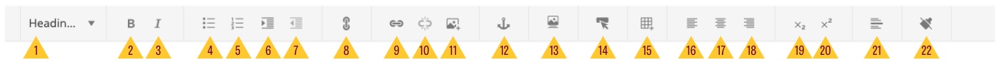 Content block toolbar with numbers a long row of tool selections found inside the content block, each tool with a numbered maroon and gold label. there are 25 labels