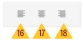 3 paragraph icons each with gold labels of 18, 19 and 20 underneath. the first is a left-justified paragraph, the second is centered, and the third is right-justified