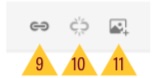 a horizontal gray paperclip icon labeled 9, next to a broken horizontal paperclip icon labeled 10, next to a picture frame labeled 11, next to a piece of paper labeled 12, next to a dark circle with a light triangle in the middle labeled 13
