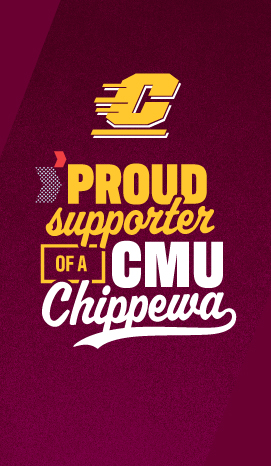 Cellphone wallpaper with an action c logo and text that reads proud supporter of a CMU Chippewa.