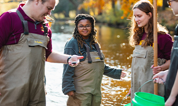 A group of students and a professor standing in water wearing bibs doing field research.