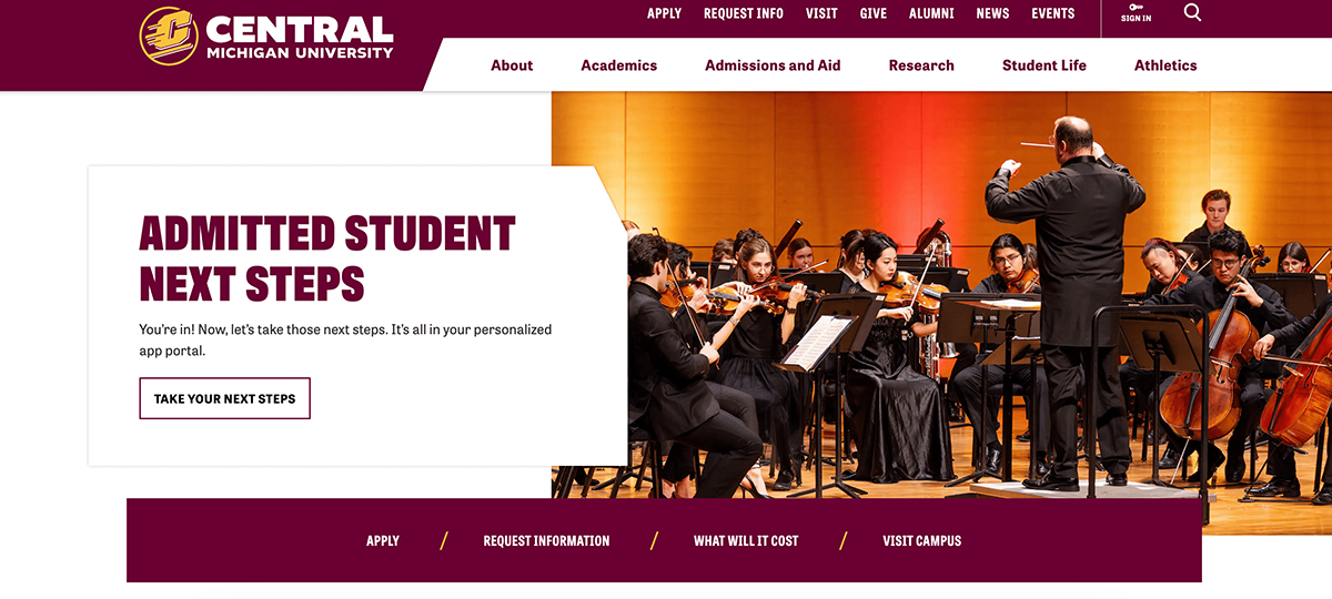 A screencapture of the updated homepage design for cmich.edu showing the image on the right and content area on the left.