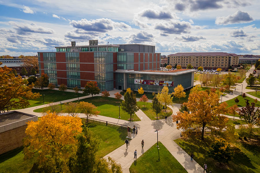 Drone photo of Central Michigan University's Biosciences Building on a sunny fall day.