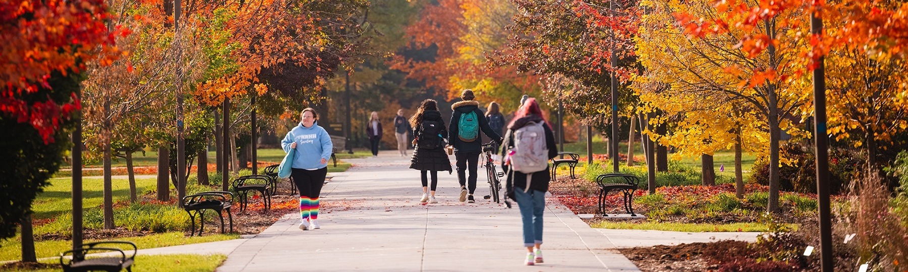 Central Michigan University fall campus scenic with students walking to class