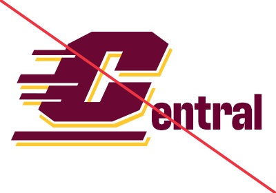 Central Michigan University Action C incorrect uses, a maroon action c with gold drop shadow, the words “entral” in maroon is directly right, a red diagonal line runs left upper corner to bottom right, placed on a white background.