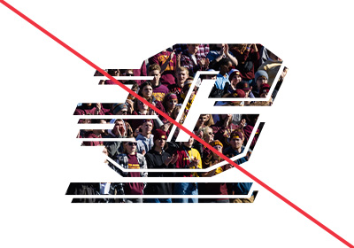 Central Michigan University Action C incorrect uses, an action c is filled in with an image of a crowd of people in maroon and gold at a football game, all placed on a white background. A red diagonal line runs from upper left to bottom right corner.