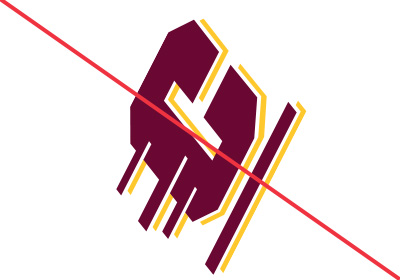 Central Michigan University Action C incorrect uses, a maroon action c with gold drop shadow is angled at about 75 degrees with a red diagonal line running from upper left corner to bottom right corner, all placed on a white background.