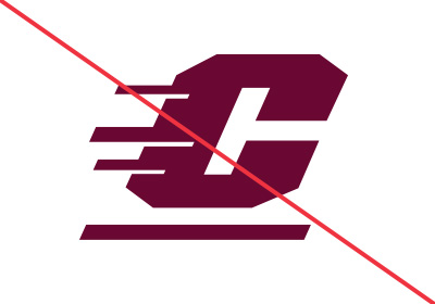 Central Michigan University Action C incorrect uses, a maroon action c with no dropshadow with a red diagonal line running from upper left corner to bottom right corner, all placed on a white background.