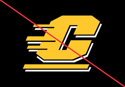 Central Michigan University Action C incorrect uses, a gold action c with white drop shadow with a red line running diagonally over top of the artwork, placed on a black background.