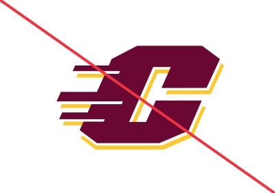 Central Michigan University Action C incorrect uses, a maroon action c with the bottom portion of the gold dropshadow is missing, a red diagonal line running from upper left corner to bottom right corner, all placed on a white background.