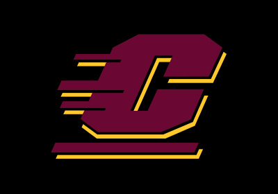 Central Michigan University Action C in maroon with a gold drop shadow against a black background.