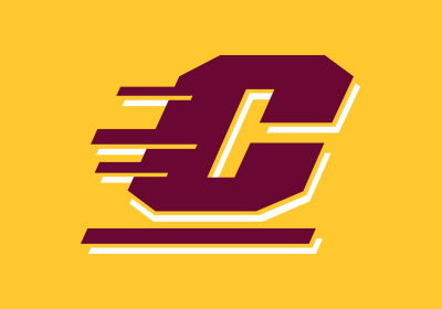 Central Michigan University Action C in maroon with a white drop shadow against a gold background.
