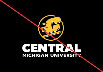 Action C Combination mark incorrect use example, a gold Action C with white drop shadow is directly above the words “Central Michigan University