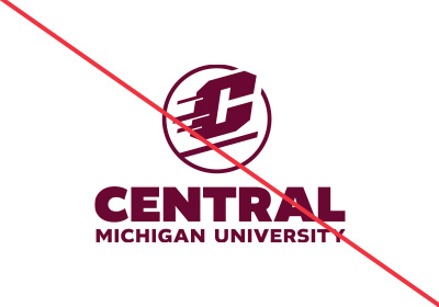 Action C Combination mark incorrect use example, a maroon Action C with white drop shadow is directly above of the words “Central Michigan University