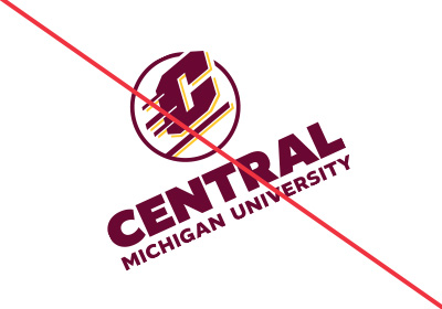 CMU Action C Combination mark incorrect use example, the logo is tilted on an angle, a maroon Action C with gold drop shadow is directly above of the words “Central Michigan University