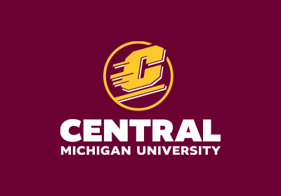 CMU Action C Combination mark vertical example, a gold Action C with white drop shadow lines are located above the words “Central Michigan University