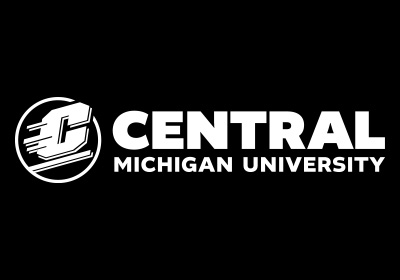 CMU Action C Combination mark horizontal one-color white, an Action C is located on the left of the words “Central Michigan University