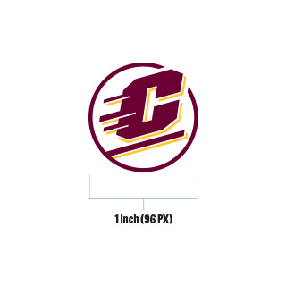 Action C Circle in maroon and gold with 1 inch (96px) written below to indicate size