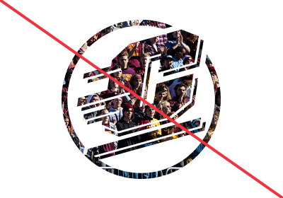Action C Circle_IncorrectUse_DoNotFill_400x280 Action C Circle incorrect use, an action c is filled in with an image of a crowd of people in maroon and gold at a football game, all placed on a white background. A red diagonal line runs from upper left to bottom right corner.