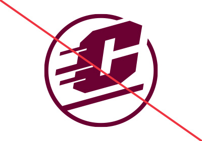 Action C Circle_IncorrectUse_DropShadowColor_400x280 Central Michigan University Action C Circle incorrect uses, a maroon action c with no drop shadow with a red diagonal line running from upper left corner to bottom right corner, all placed on a white background.