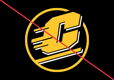 Central Michigan University Action C Circle incorrect uses, a gold action c with white drop shadow with a red line running diagonally over top of the artwork, placed on a black background.