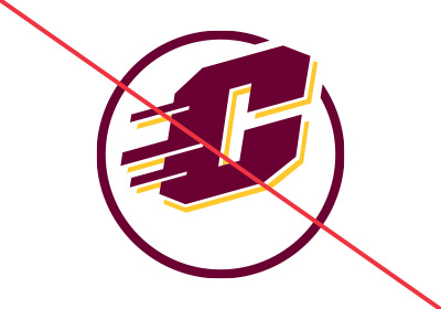 Action C Circle_IncorrectUse_MissingDropShadow_400x280 Central Michigan University Action C incorrect uses, a maroon action c with the bottom portion of the gold dropshadow is missing, a red diagonal line running from upper left corner to bottom right corner, all placed on a white background.
