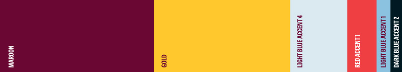 Colors_RatioChart_Banner Image_800x143 Color ratio chart, colors showing left to right, with maroon and gold being the largest two, followed by lightest blue, dark blue, red and light blue.