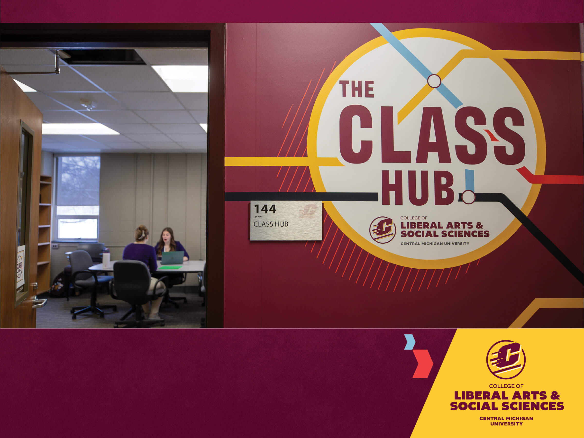 PowerPoint Standard CLASS_2026_01 zoomed in look of the class hub spirit mark with students working in the background