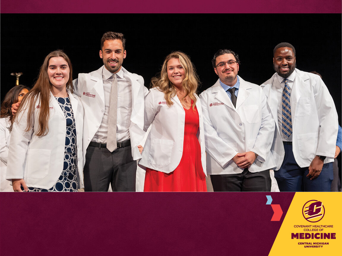 Three medical students dressed in formal attire put on new white medical coats with a dark black curtain in the back, the College of Medicine logo in the lower right corner on a gold diagonal shape, two chevrons point toward it, on a maroon background.