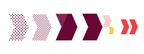 Graphic elements example, five chevrons pointing right are arranged next to each other in a row, the first three in maroon, the fourth is a large chevron with a small gold chevron next to it, the last is a double red chevron, on a white background.