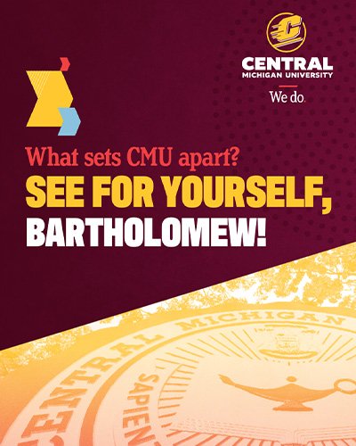 Elements_Chevron_Bullet Example_400x500 Three chevrons stack vertically, pointing right at the top of the page and the CMU Action C Combination mark sits top right, all on a maroon background. A large diagonal crop image of the CMU Seal fills the bottom half.