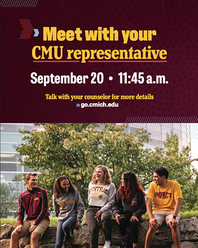 Three chevrons stack vertically, pointing right at the words “Meet with your CMU representative” in bold gold text. A large horizontally cropped image fills the bottom of the design.