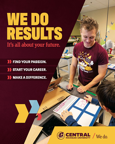 Three chevrons stack vertically, pointing right. The words “We Do Results” in bold gold type, “It’s all about your future” in red below on a maroon background. A diagonal crop image covers half of the right side.