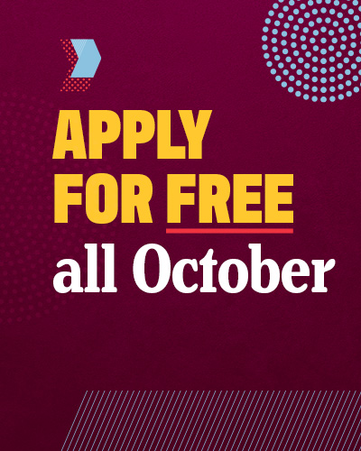 Example elements image, bold gold large text “Apply for Free” is left aligned with “all October” in white underneath, a large dot blue dotted circle sits in the upper right corner, all on a maroon background.