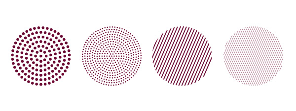 Graphic elements example, four maroon circles arranged next to each other in a row, the two are filled with dotted patterns and the last two filled with diagonal stripe patterns, all on a white background.