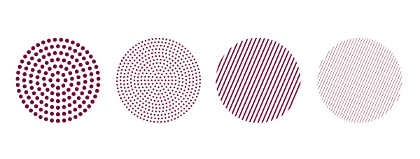 Elements_Dot Hash Circles Banner Image_600x227 Graphic elements example, four maroon circles arranged next to each other in a row, the two are filled with dotted patterns and the last two filled with diagonal stripe patterns, all on a white background.