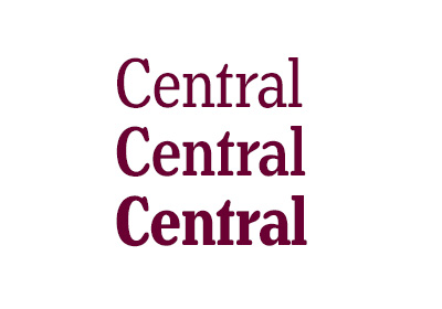 Henriette Compressed font example, the word “Central” stacked three up vertically in maroon with top word light, middle word bold and the bottom word in a heavier weight, all placed on a white background.