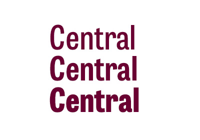 Tablet Gothic Condensed font example, the word “Central” stacked three up vertically in maroon with top word light, middle word bold and the bottom word in a heavier weight, all placed on a white background.
