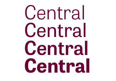 Tablet Gothic font example, the word “Central” stacked four up vertically in maroon with each word in varying weights with the top word in the lightest weight and the bottom word the heaviest weight, light, all placed on a white background.