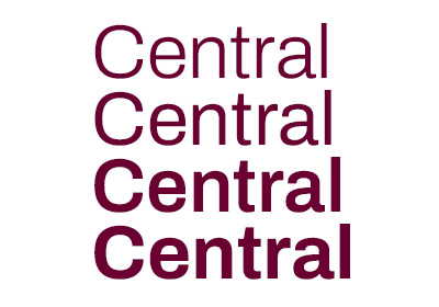 Franklin Gothic Book font example, the word “Central” stacked four up vertically in maroon with each word in varying weights with the top word in the lightest weight and the bottom word the heaviest weight, light, all placed on a white background.