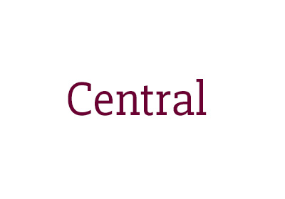 Slabo27px font example, the word “Central” in maroon in a medium weight, all placed on a white background.