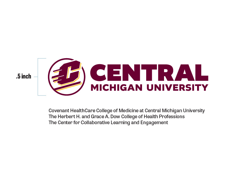 Maroon and gold Action C Combination mark on a white background with the names CovenantHealthCare College of Medicine, Herbert H. and Grace A. Dow College of Health Professions and Center for Collaborative Learning and Engagement listed underneath