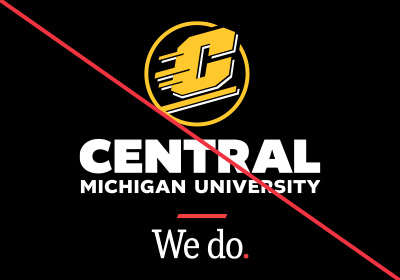 Action C Combination mark incorrect use example, a gold Action C with white drop shadow is directly above the words “Central Michigan University