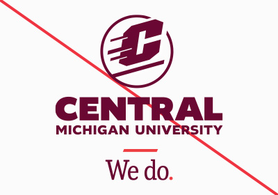 Action C Combination mark incorrect use example, a maroon Action C with white drop shadow is directly above of the words “Central Michigan University