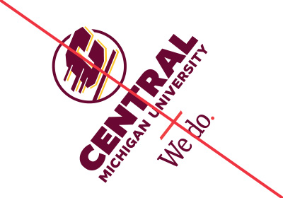 CMU Action C Combination mark incorrect use example, the logo is tilted on an angle, a maroon Action C with gold drop shadow is directly above of the words “Central Michigan University