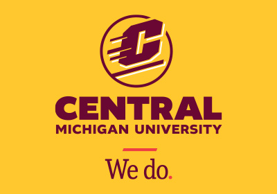 We do tagline vertical example, a maroon Action C with white drop shadow lines are located above the words “Central Michigan University